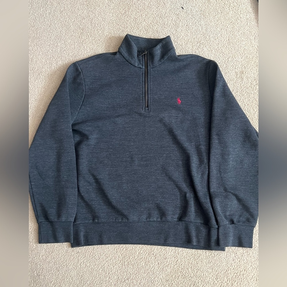 Ralph Lauren Men's Navy Quarter-Zip Sweater with Pink Pony